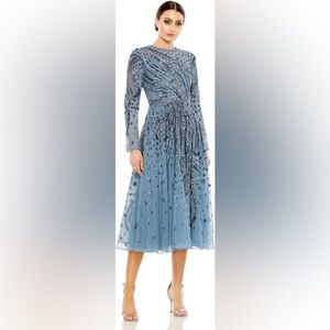 Mac Duggal 5572 Embellished Illusion High Neck Long Sleeve Midi Dress